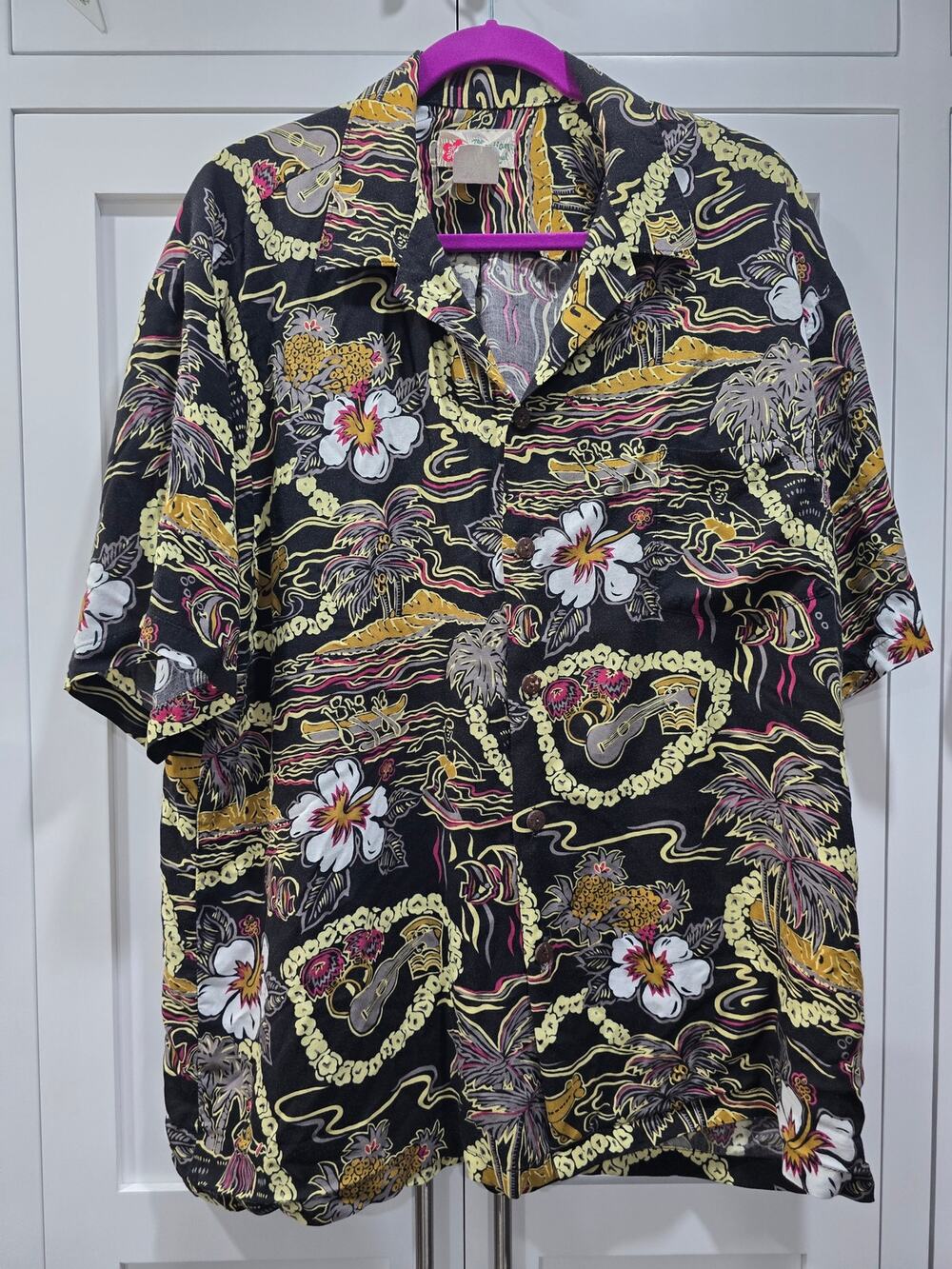 Vintage Hilo Hattie Hawaiian Shirt XL Black Tropical Floral Aloha 90s